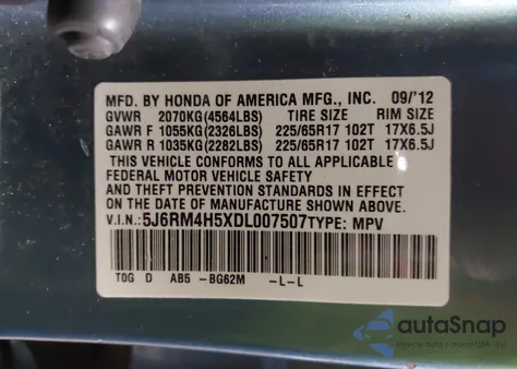 2013 Honda Cr-V Ex from USA, damaged, VIN 5J6RM4H5XDL007507